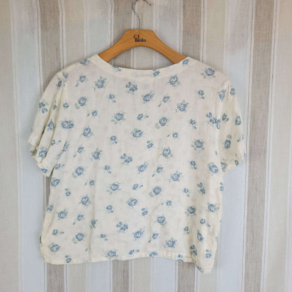 Vintage Bay Street Linen Blouse Top Floral White Blue Size Large Boxy Fit Boho - Picture 10 of 10